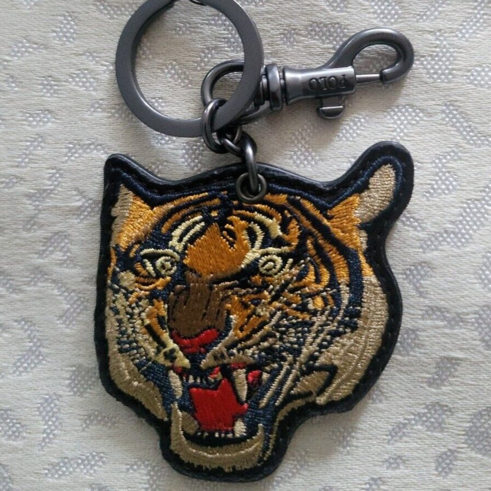 Polo Ralph Lauren Varsity Tiger Embroidered Leather Key Fob Key Chain Black